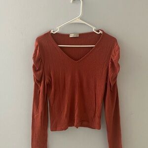 Paper Crane Coral Ruched Puff Sleeve Top